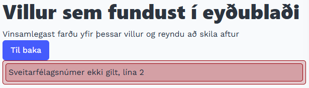Villumelding: Sveitarfélagsnúmer ekki gilt, lína 2