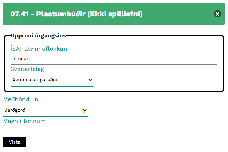 Skráningargluggi: ÍSAT atvinnuflokkun, sveitarfélag, meðhöndlun og magn