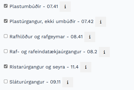 Hakað við úrgangsflokka sem á að skila fyrir