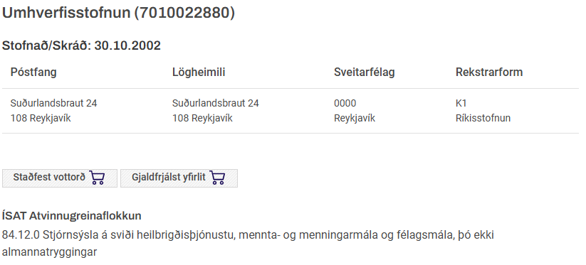 Fyrirtækjaskrá Skattsins: ÍSAT flokkun og sveitarfélag Umhverfis- og orkustofnunar