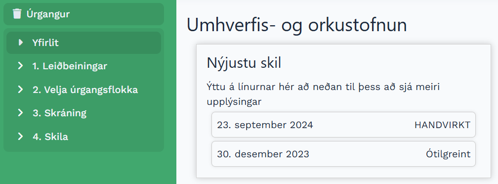Yfirlit í Gagnagátt með nýjustu skilum